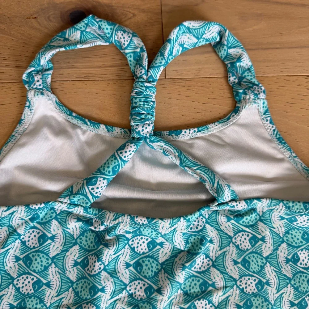 Garnet Hill Girls Teal White Fish Print One Piece Swimsuit Size 10 Racerback